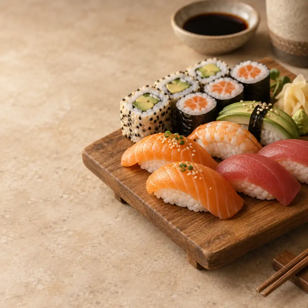 Válogatott nigiri és maki sushi egy fa tálon, lazaccal, tonhallal és avokádóval